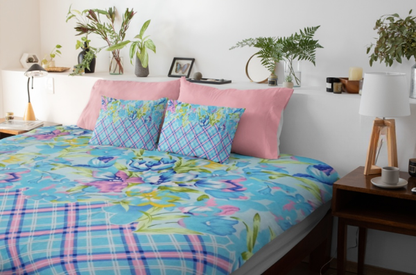 Floral Breeze Bed Sheet Set – Blue & Purple Floral with Plaid Design