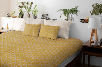 Yellow Fan Pattern King Size Cotton Bedsheet - Breathable Comfort and Style