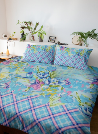 Floral Breeze Bed Sheet Set – Blue & Purple Floral with Plaid Design